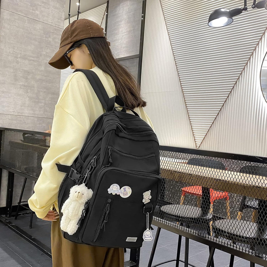 Gaxos Cute Aesthetic Backpack For School Middle Student Travel Pink Backpack Teens Girls Bear Pin Book Bags