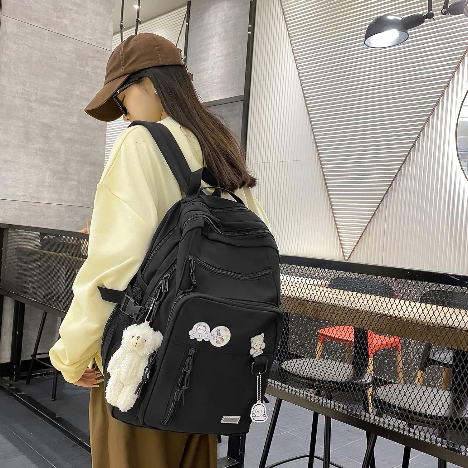Gaxos Cute Aesthetic Backpack For School Middle Student Travel Pink Backpack Teens Girls Bear Pin Book Bags