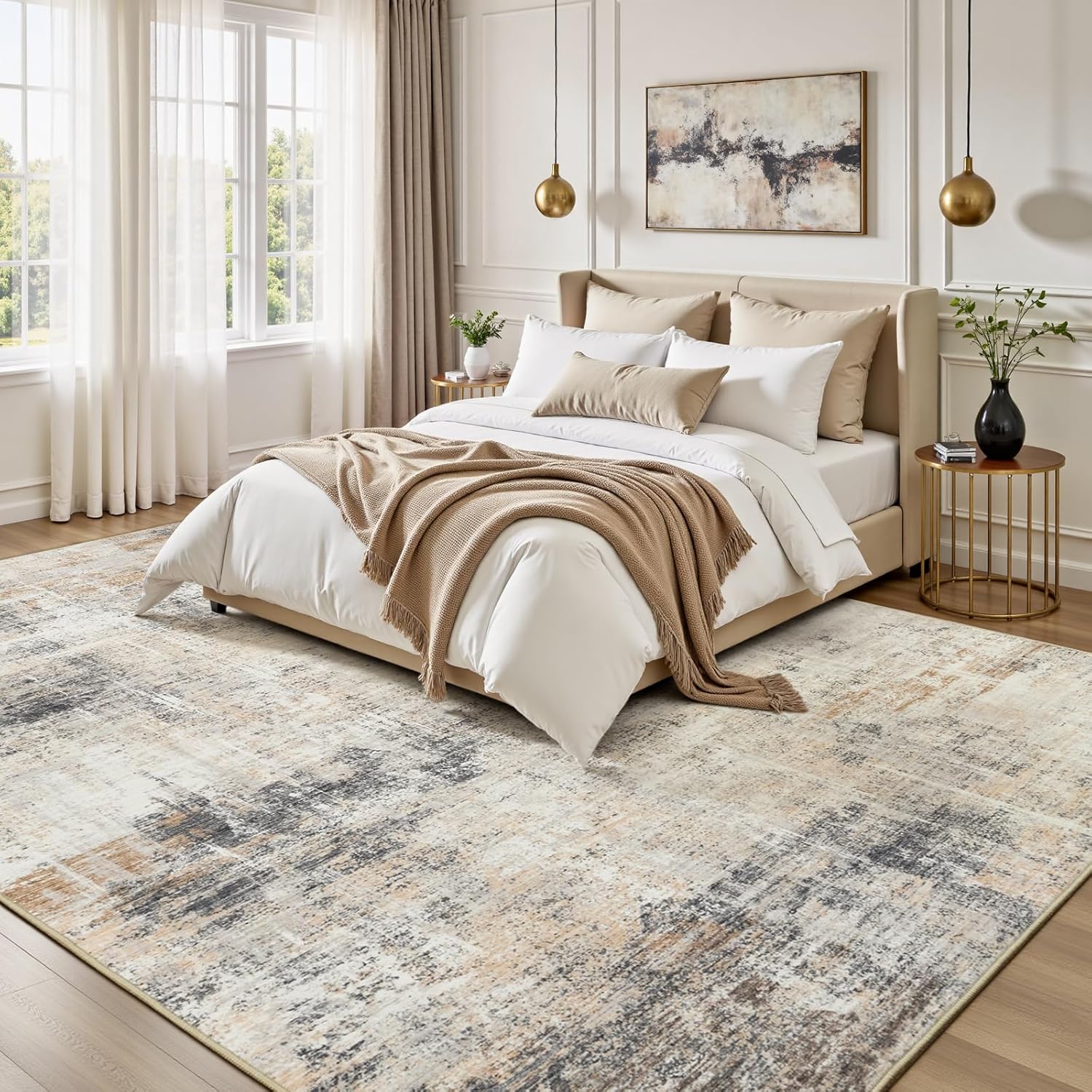 Lofus 8x10 Area Rug for Living Room, Gold Abstract Large Rugs with Non-Slip Backing, Neutral Modern Washable Carpet for Bedroom Dining Room Home Office Nursery Indoor
