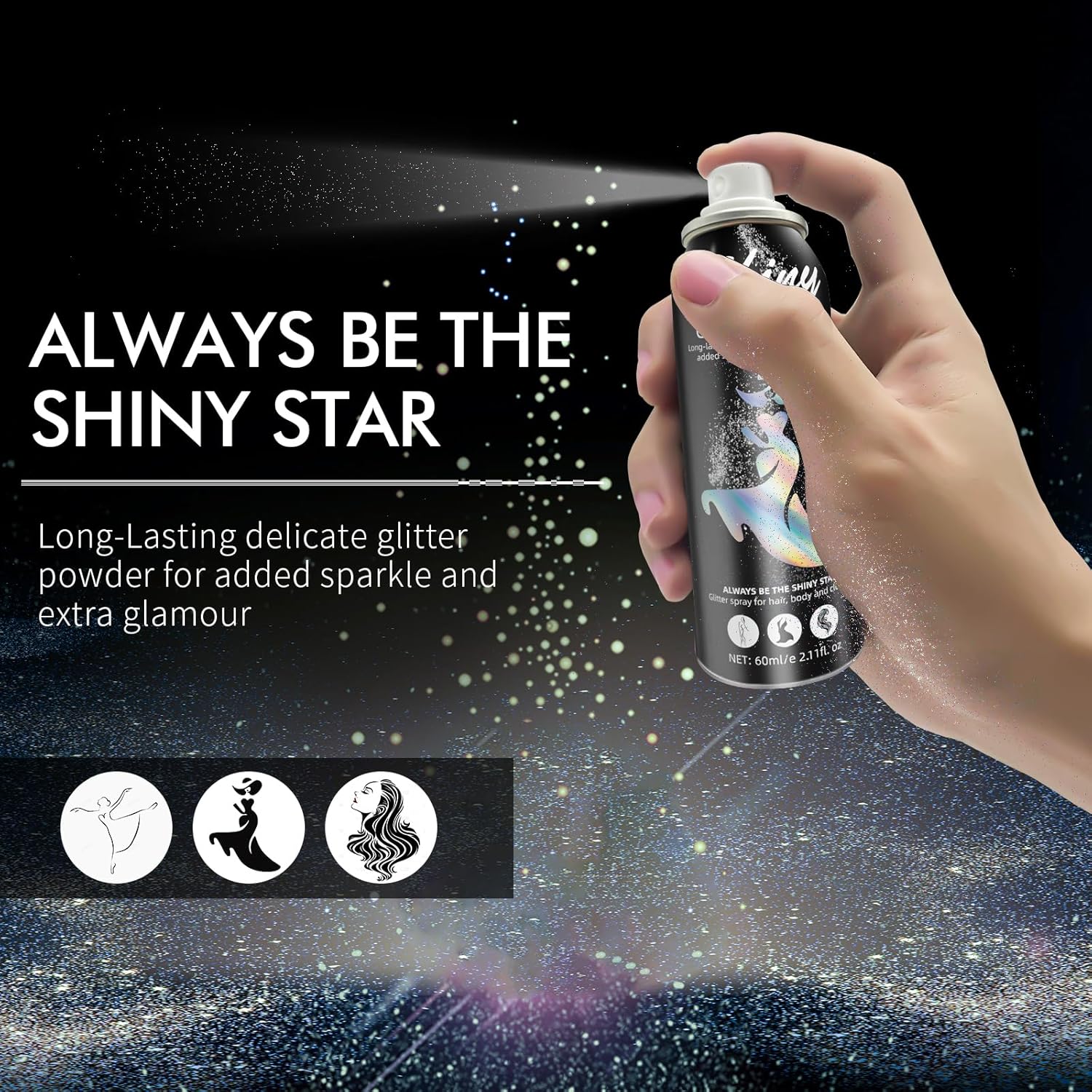 Ragkun Body Glitter, Body Glitter Spray, Glitter Spray for Hair and Body, Long-Lasting and Quick-Drying Silver Glitter Hairspray Suitable for Stage, Festival Rave and Makeup Prom (2.11 Fl Oz)