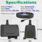 Submersible Pump 880Gph (3500L/H 60W) Ultra Quiet With Over Heating Protection 10.2Ft High Lift For Fountains, Hydroponics, Ponds, Aquariums & More…