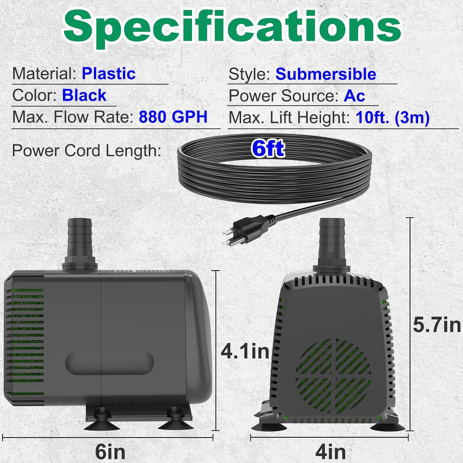 Submersible Pump 880Gph (3500L/H 60W) Ultra Quiet With Over Heating Protection 10.2Ft High Lift For Fountains, Hydroponics, Ponds, Aquariums & More…