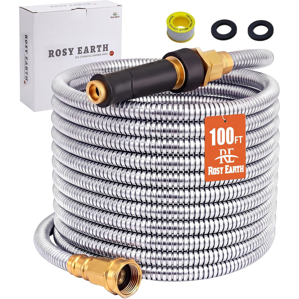Stainless Steel Garden Hose 100 Ft, Heavy Duty Expandable Water Hose, No-Kink, No Bite, Flexible Garden Hoses For Yard, Rv, Car