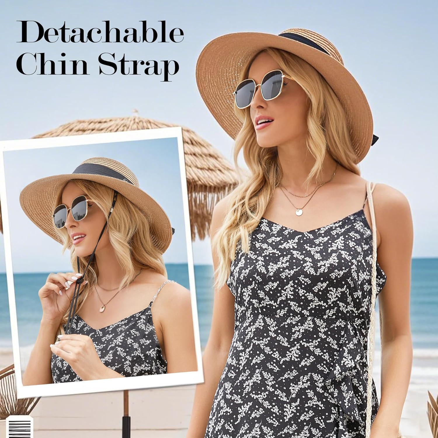 Beach Hat for Women, Wide Brim Sun Straw Hats for Women, Sun Hat Womens UPF 50+ UV Protection, Floppy Foldable Summer Hats