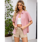 Rapbin Womens Short Sleeve Button Down Shirts Casual V Neck Collared Blouses Work Tops
