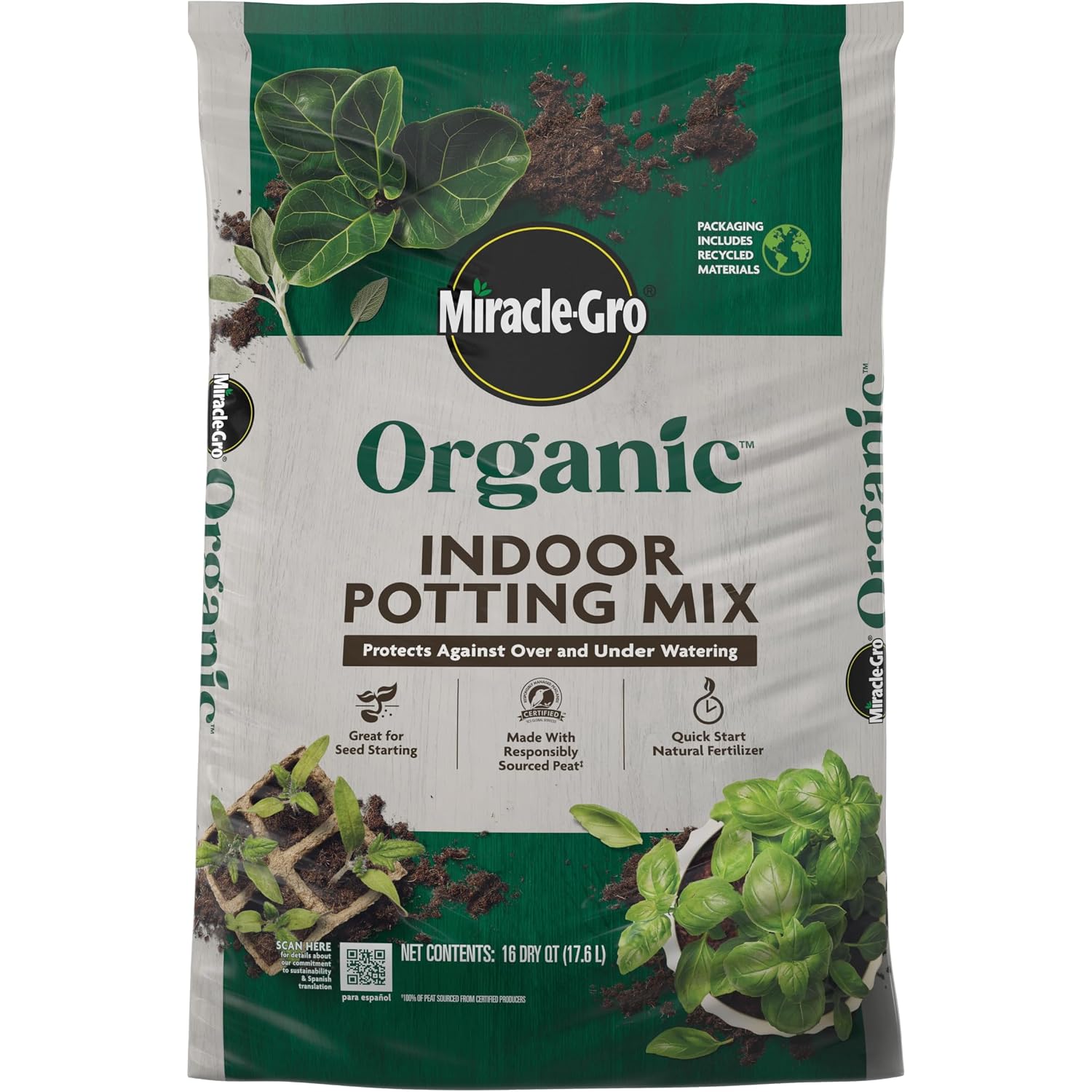 Miracle-Gro Organic Indoor Potting Mix, 16 Qt. | Protects Against Over & Under Watering, Planting Soil For Indoor Container Plants, Houseplants & Starter Plants, Omri Listed