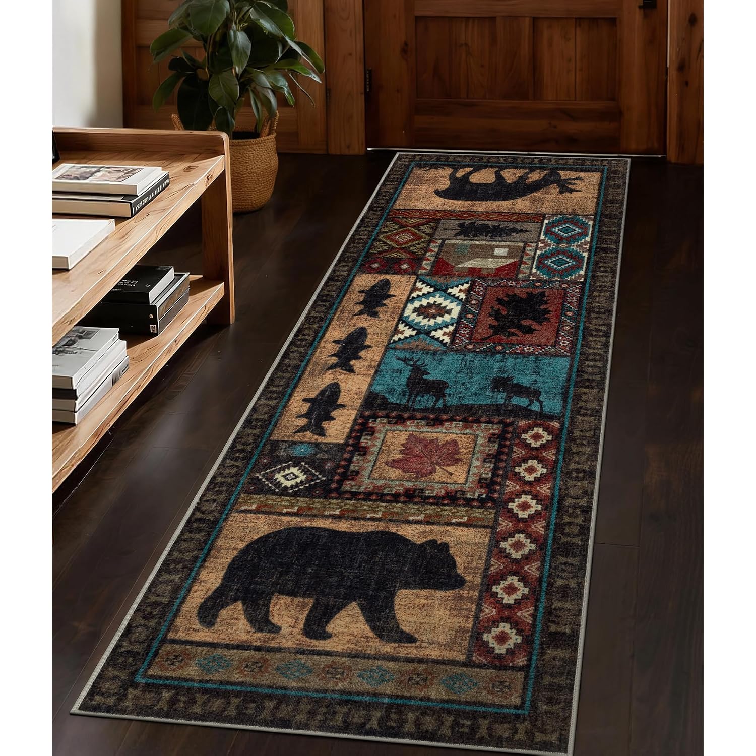Hallway Runner Rug 2X6 Indoor Door Mat - Bear Rustic Cabin Non-Slip Entryway Rug, Low Pile Tribal Print For Kitchen, Bedroom