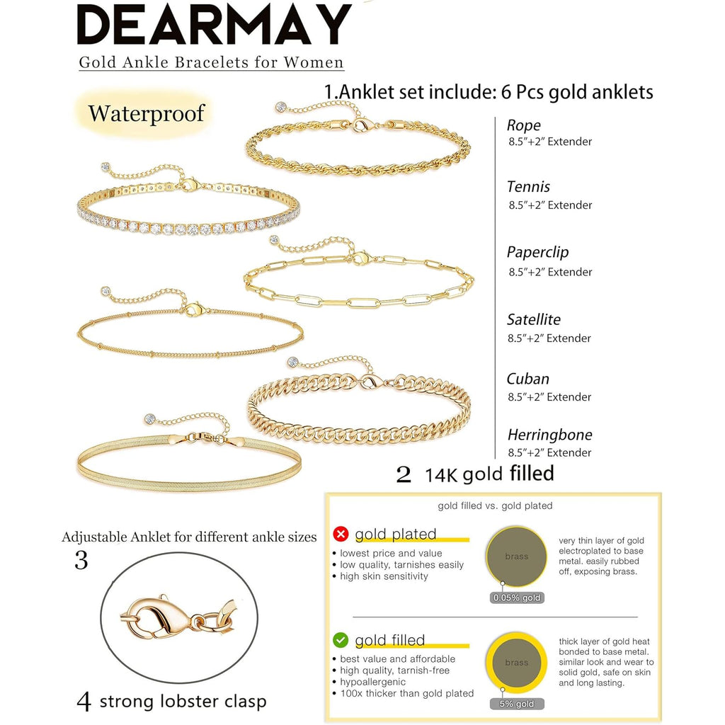 DEARMAY 14K Gold Plated Ankle Bracelets for Women Waterproof - Dainty 6Pcs Anklets Layered Cuban Link Chain Herringbone Cute Anklets Set Pack Summer Beach Jewelry Gift for Women Teen