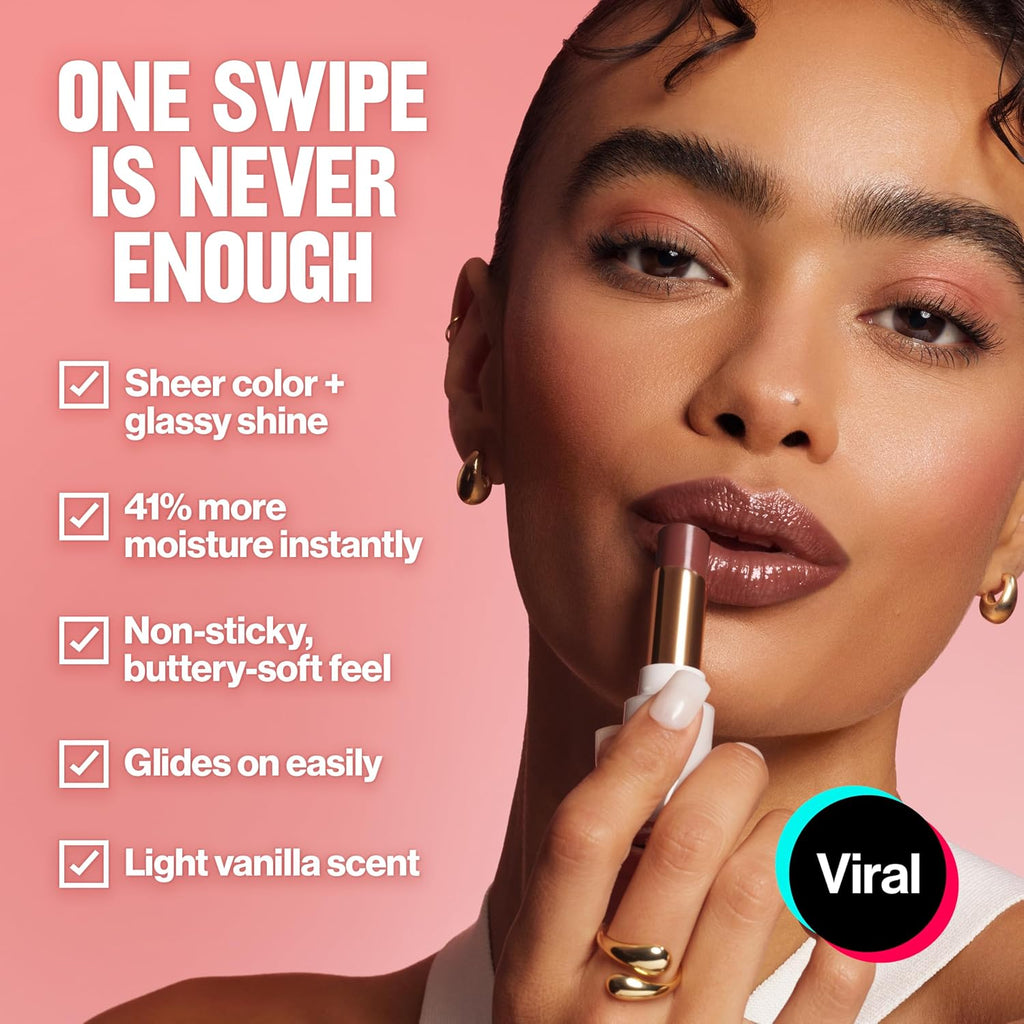 Revlon Super Lustrous Glass Shine Balm, Sheer Glossy Tinted Lip Balm, Hydrating Formula With Hyaluronic Acid, Aloe & Rose Quartz, 004 Nude Illuminator, 0.11 Oz