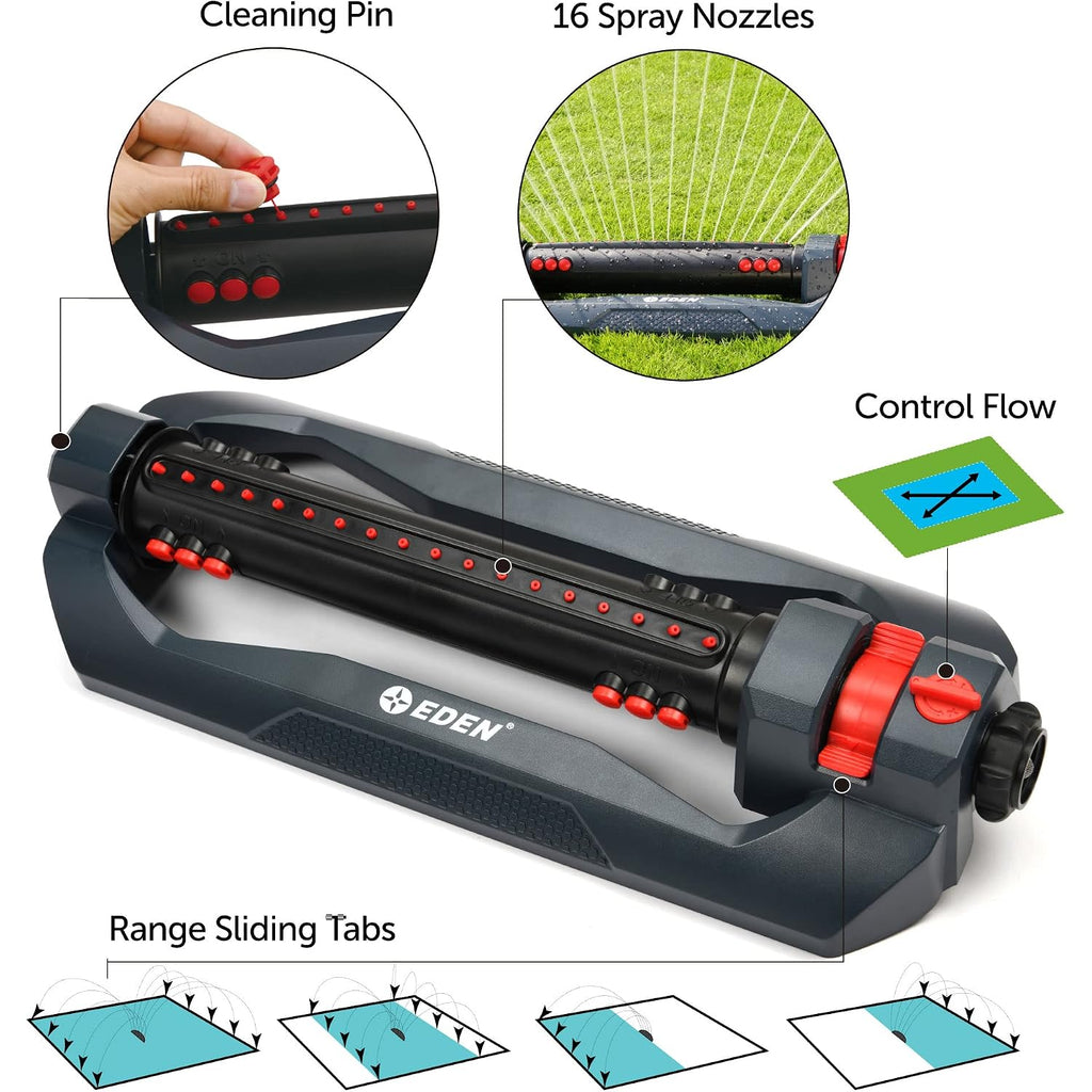 Eden 96212 Turbo Oscillating Sprinkler | Covers Up To 4,400 Sq. Ft., 18 Precision Nozzles, Adjustable Range, Flow Control, Triple Nozzle Width Switches, Turbo Drive Motor, Quick Connect Bundle