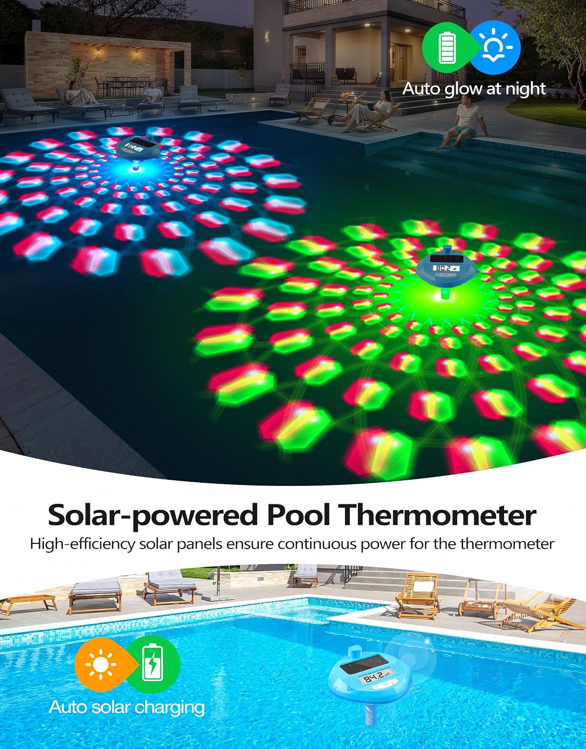 Poolleader Solar Powered Wireless Pool Thermometer With Dynamic Light Show | Dual Backlit Display For Easy Read, 650Ft Transmission, ±0.5℉ Accuracy, Ip68 Waterproof Pool Temperature Guage For Hot Tub