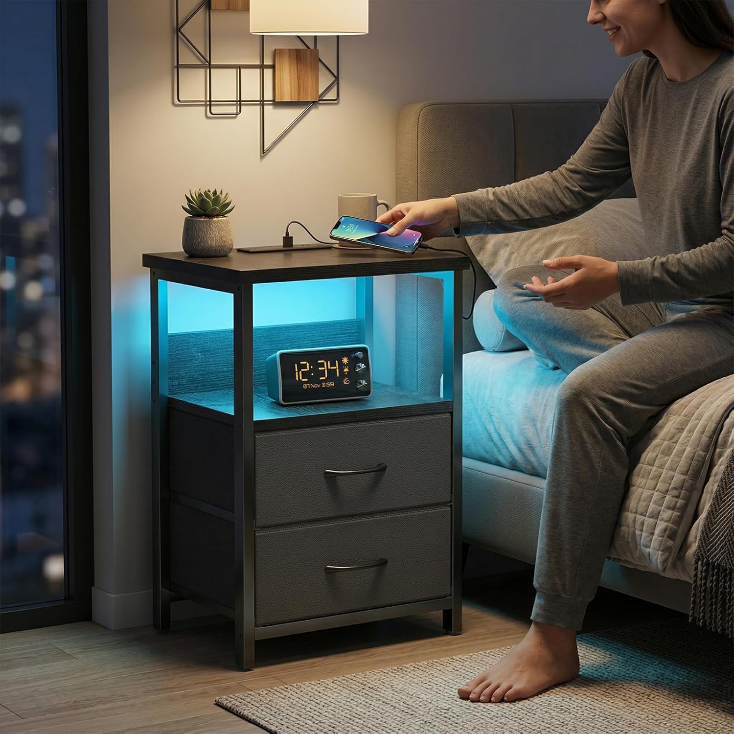 Fixwal Night Stand with Charging Station, LED Nightstand with U-S-B Ports and Outlets for Small Spaces, 2 Fabric Storage Drawers, Bedside Table End Tables Bedroom Decor, Modern Black
