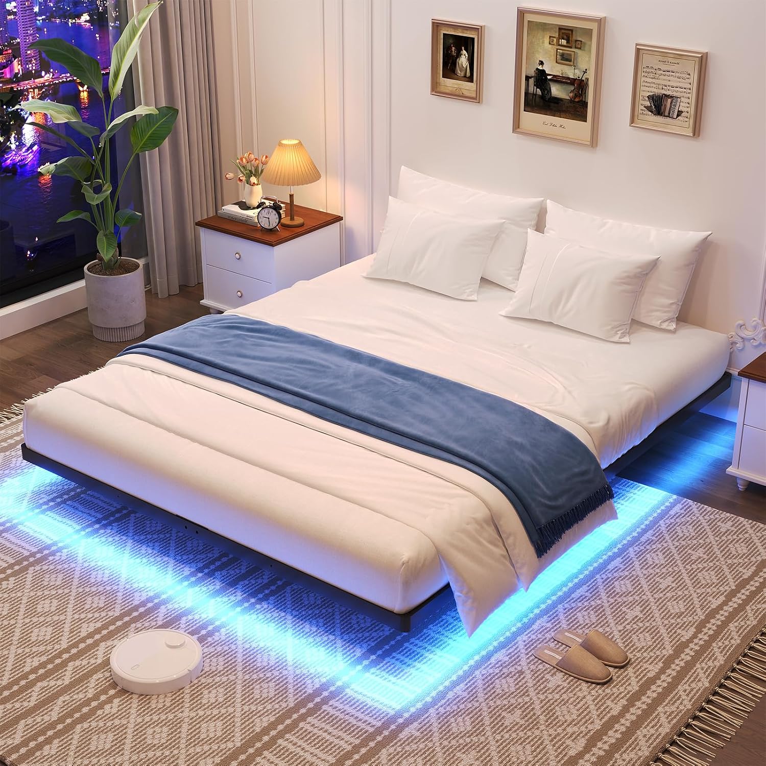 Floating Bed Frame Queen Size, Queen Bed Frame With Smart Led Lights, Heavy Duty Modern Metal Platform Bed No Box Spring Needed - Easy Assembly And Noise Free