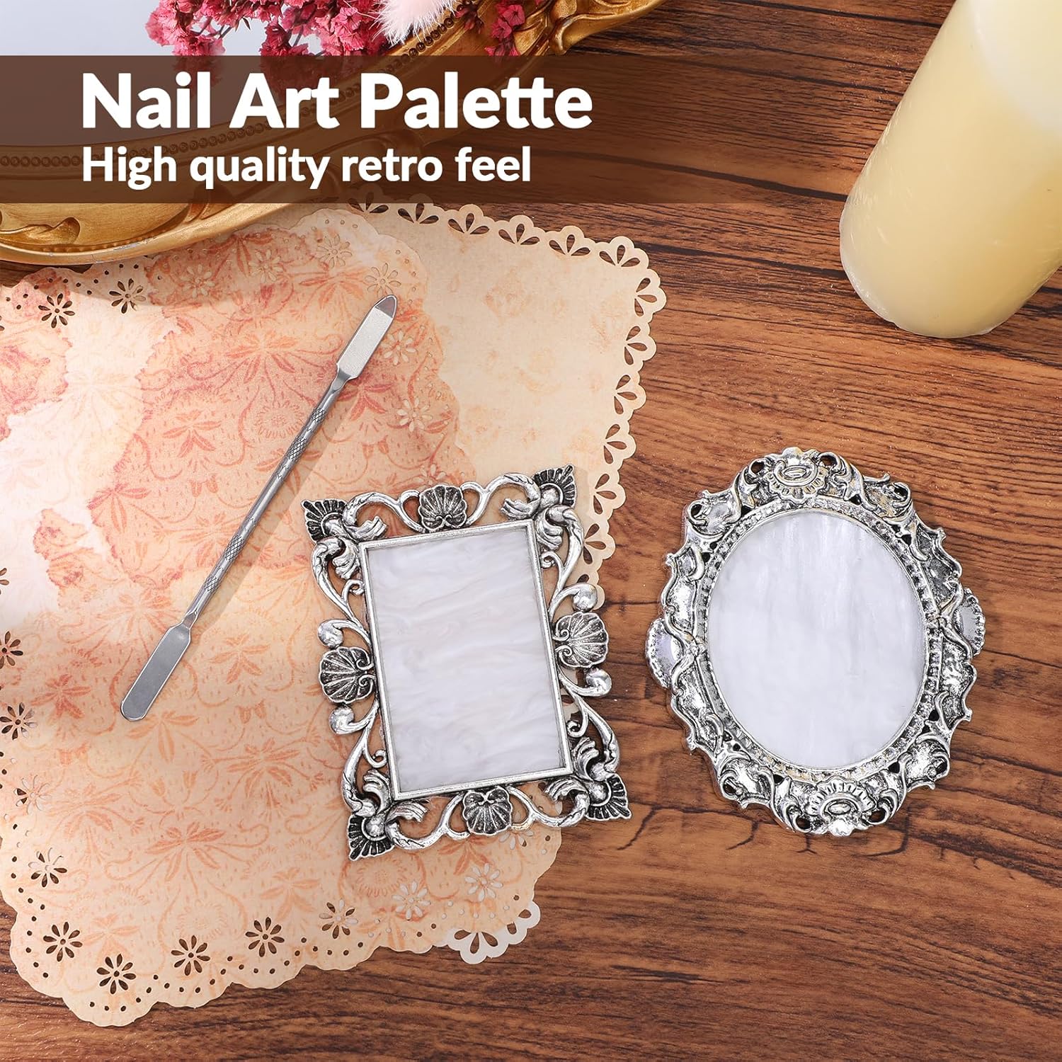 2 Pcs Nail Polish Mixing Plate, Resin Nail Art Palettes Gel Plate with Palette Stick Makeup Mixing Tray Nails Art Display Photography Props Sliver