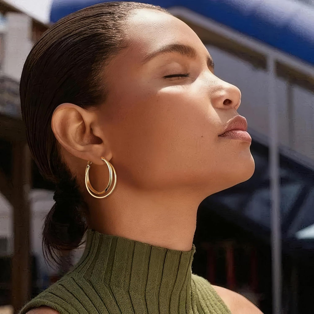Gacimy 14K Gold Plated Criss Cross Hoop Earrings for Women, 3mm Wide Double Layer Flat Crossover Hoops, Lightweight X-Shape Statement Earrings