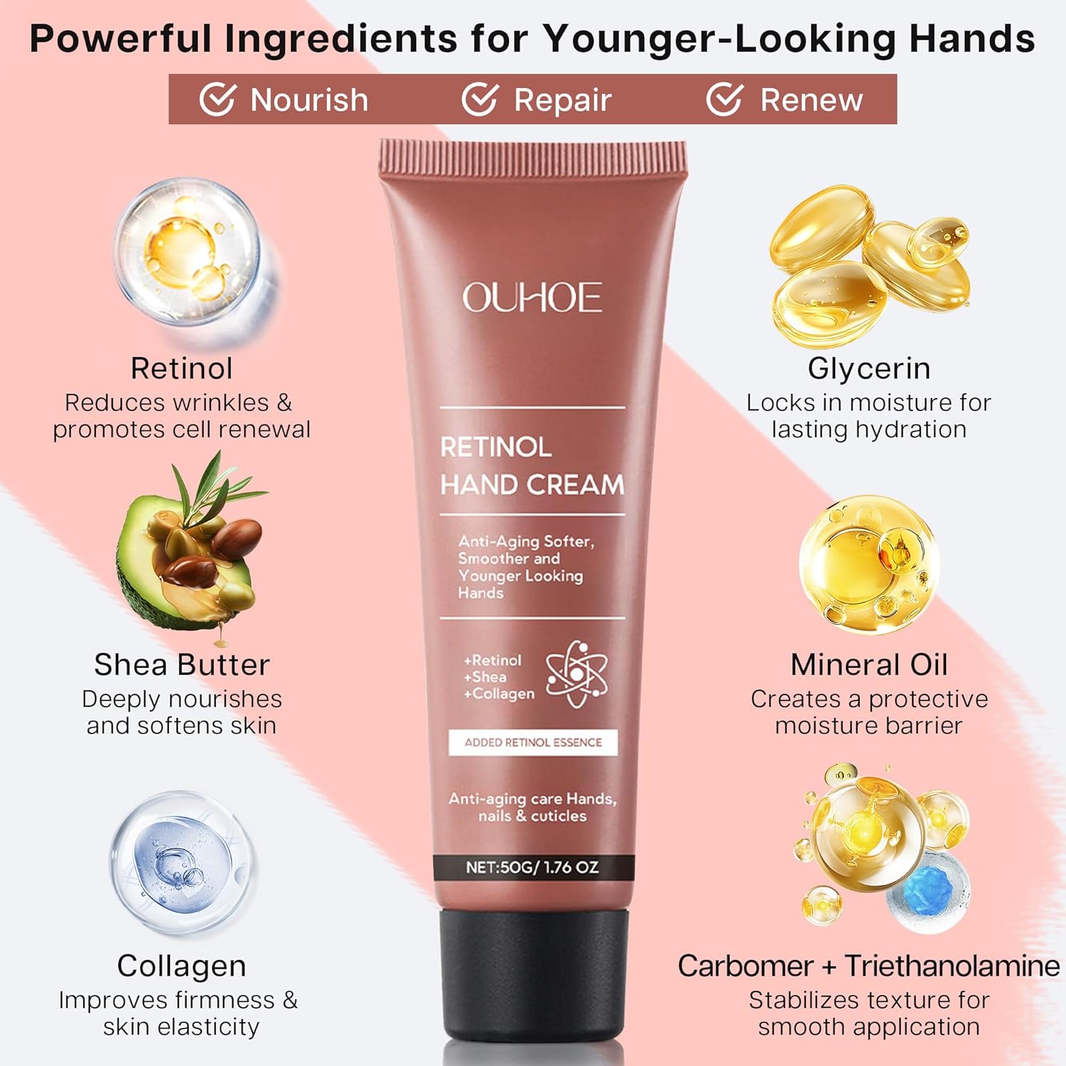 VRAIKO OUHOE Retinol Anti-Aging Hand Cream, Mineral Hand Moisturizer with Retinol, Shea Butter and Collagen, for Younger Looking Hands, Soft Smooth Skin, Nails & Cuticles (1pc)