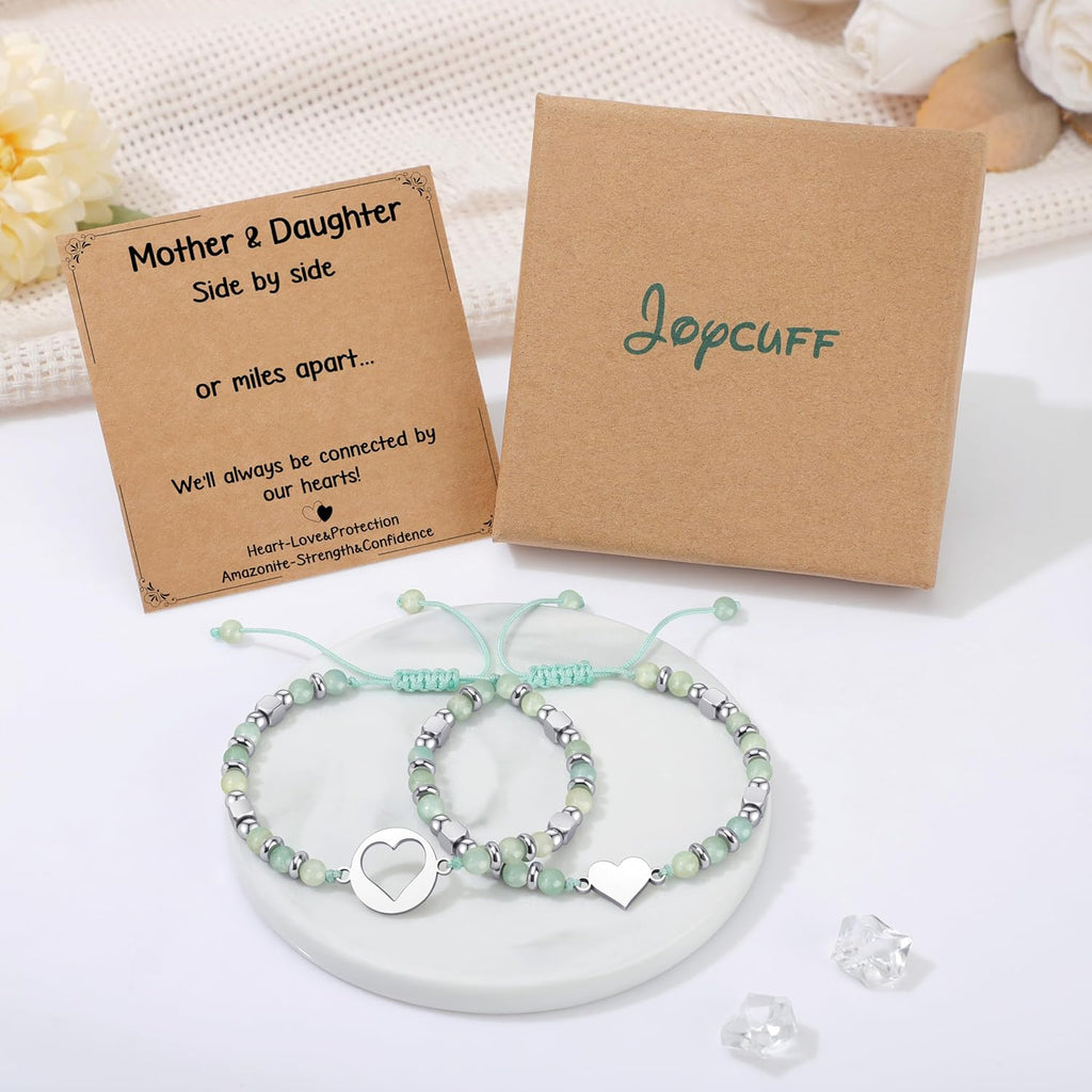 JoycuFF Mother Daughter Bracelets Set, Natural Amazonite Stainless Steel Heart Jewelry for Women, Mothers Day Gifts for Mom/Daughter, Adjustable Matching Bracelets for Mommy and Me Gifts