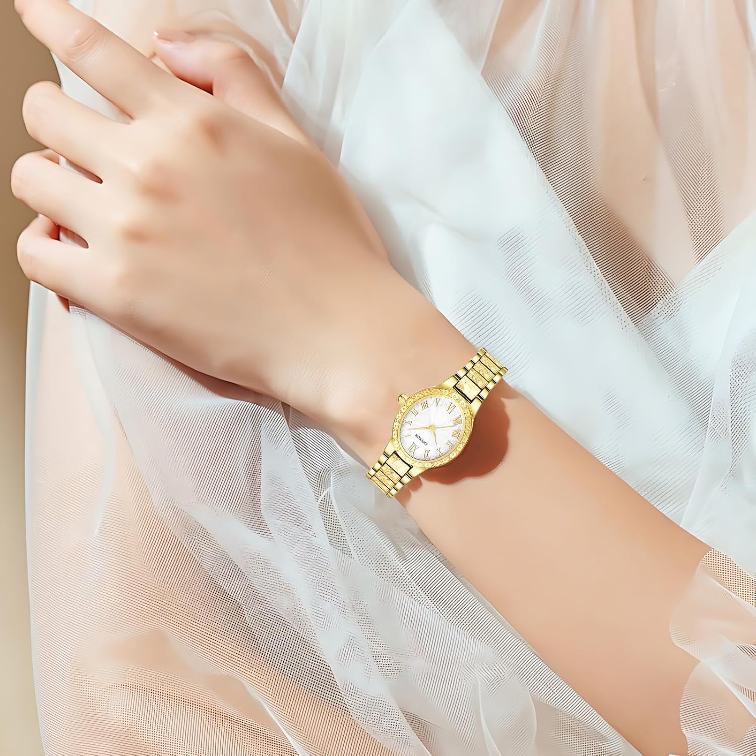CNYXCN Vintage Gold Watches for Women with Oval Case,Roman Numeral Dial,Golden Tone Bracelet Strap,Water Resistant,Includes Tools