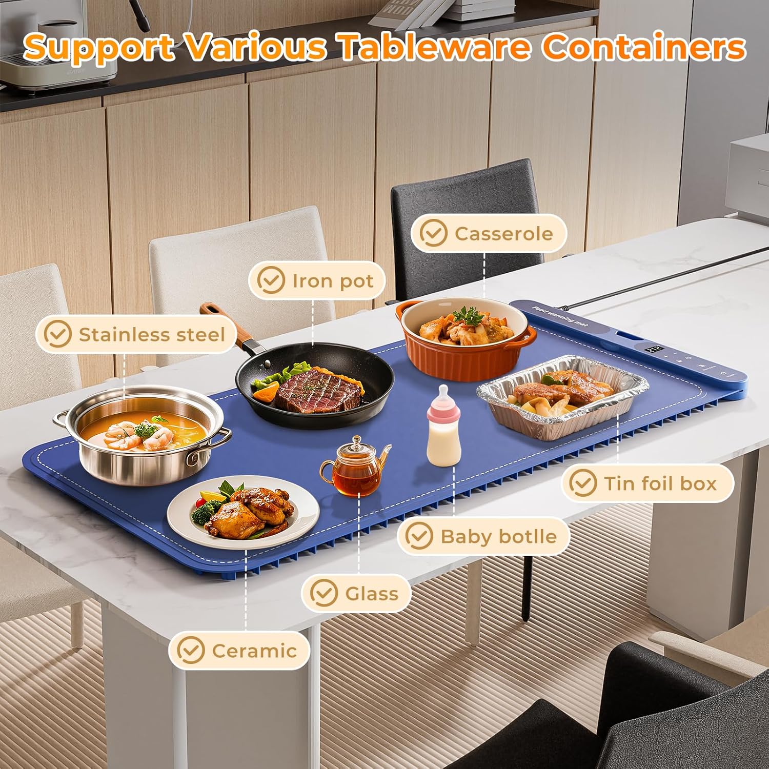 Warming Mat for Food Extra Large 32"x15", Electric Silicone Food Warmer Trays for Chafing Dishes & Buffet,Portable Countertop Food Warmers for Parties, 7-Level Temp 8-Hour Timer， Blue