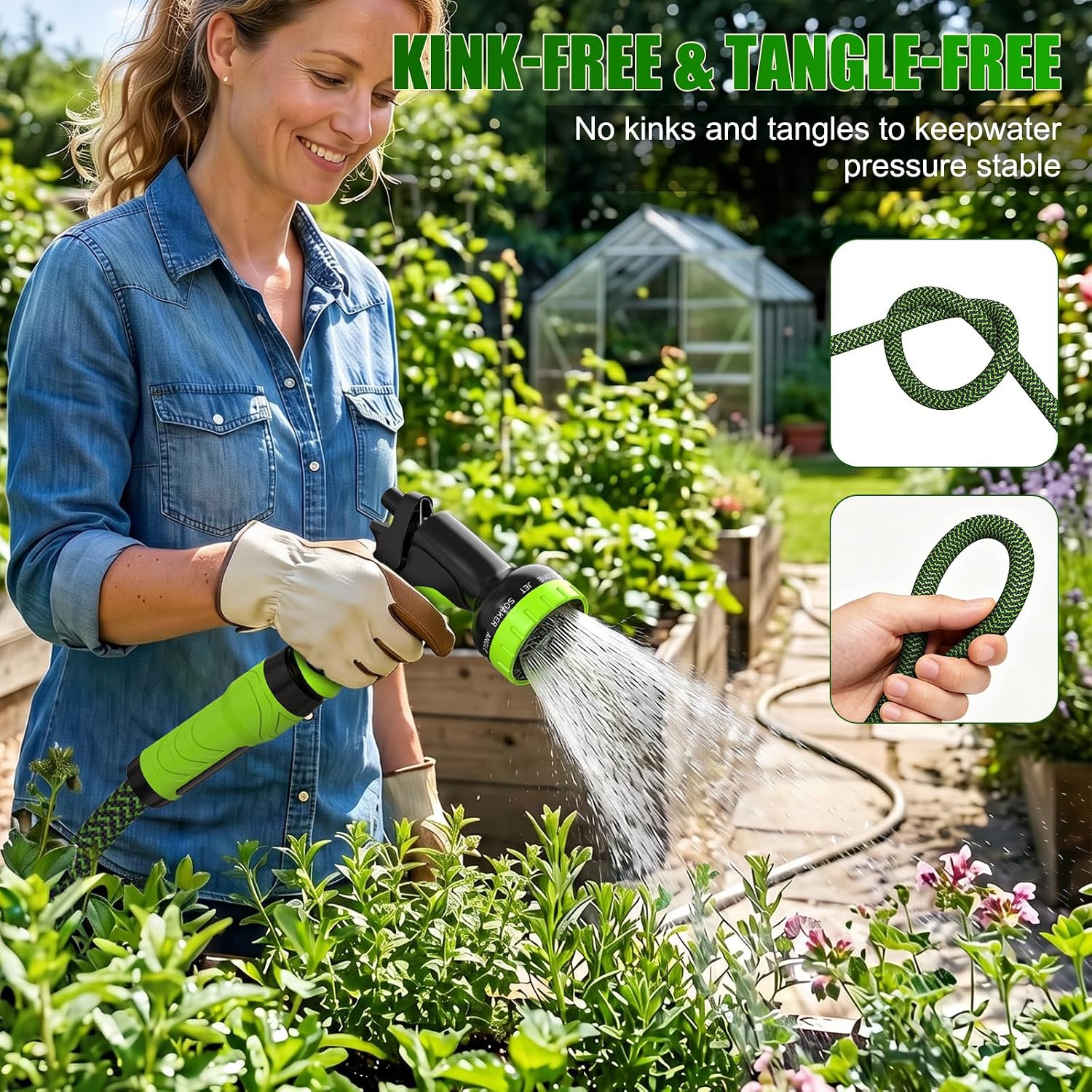 Non-Expandable Garden Hose 25Ft X5/8'', Heavy Duty Flexible Water Hose With 10-Function Sprayer, Lightweight, Leak Proof, Durable Fabric Skin, Pressure Resistant For Yard, Outdoor