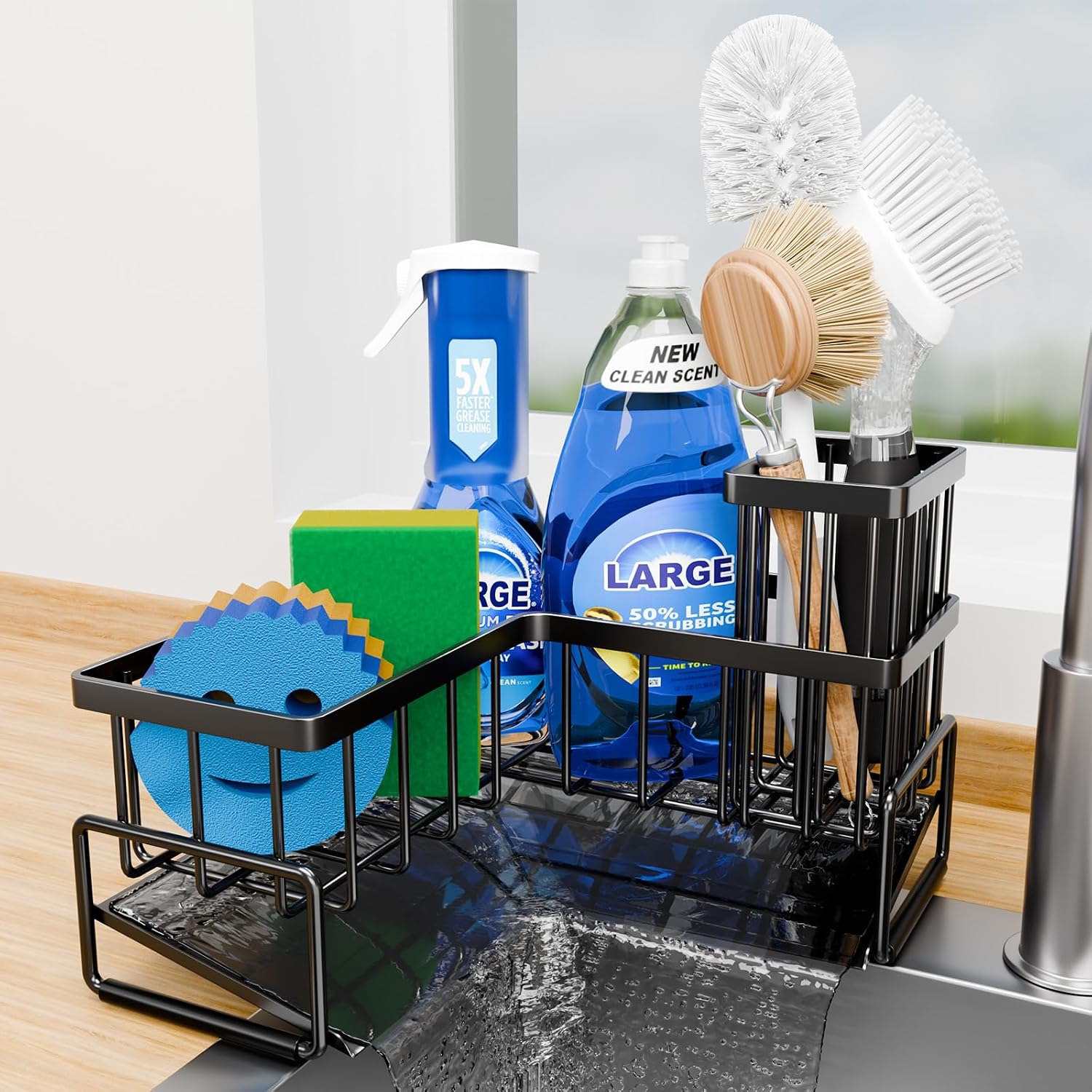Large Sponge Holder For Kitchen Sink, 90-Degree Sink Caddy Organizer With Dish Brush Holder For Countertop Corner Storage Rack, Metal L-Shaped Kitchen Sink Sponge Soap Organizer Storage Ideas