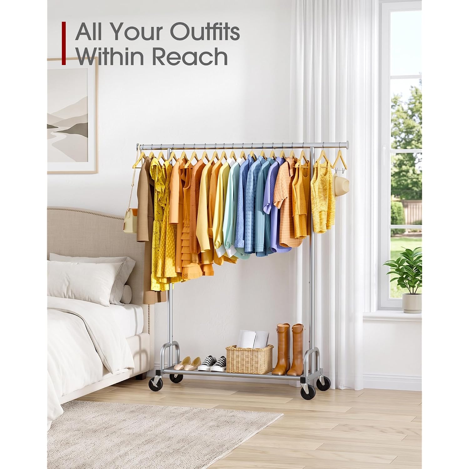 Clothes Rack - Large-Capacity Clothing Racks For Hanging Clothes With Lockable Wheels, Space-Saving Metal Coat Rack For Bedroom, Laundry Room, Entryway, 45.6" X 16.9" X 59", Silver