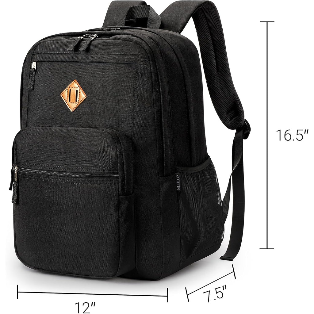 Zorfin 26L Black Backpack For College, And Travel: Water Resistant Bookbag