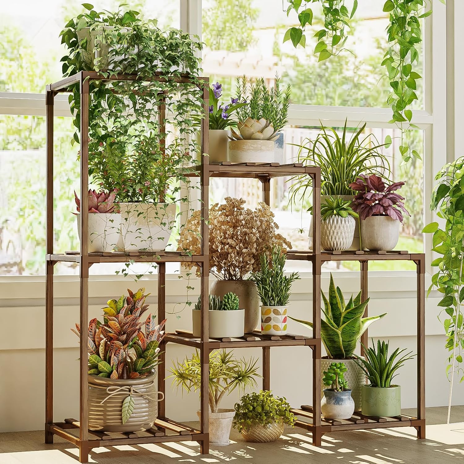 Bamworld Plant Stand Indoor Plant Shelf Outdoor Wood Plant Rack For Multiple Plants 3 Tiers Ladder Plant Holder For Living Room Patio Boho Home Decor For Gardening