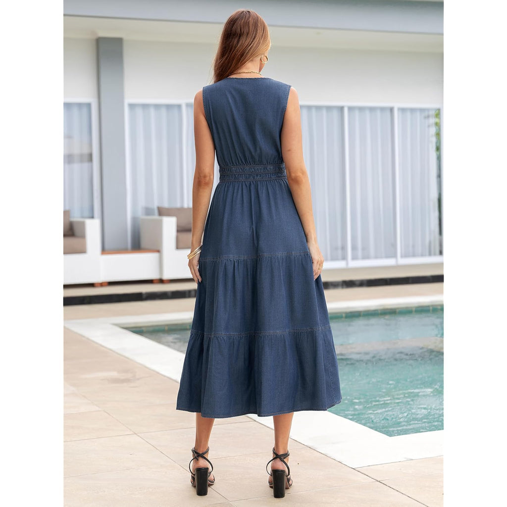 Berrygo Womens Denim Dress Sleeveless Jean Maxi Dress Empire Waist Flowy A Line Cowgirl Country Soft Chambray With Pockets
