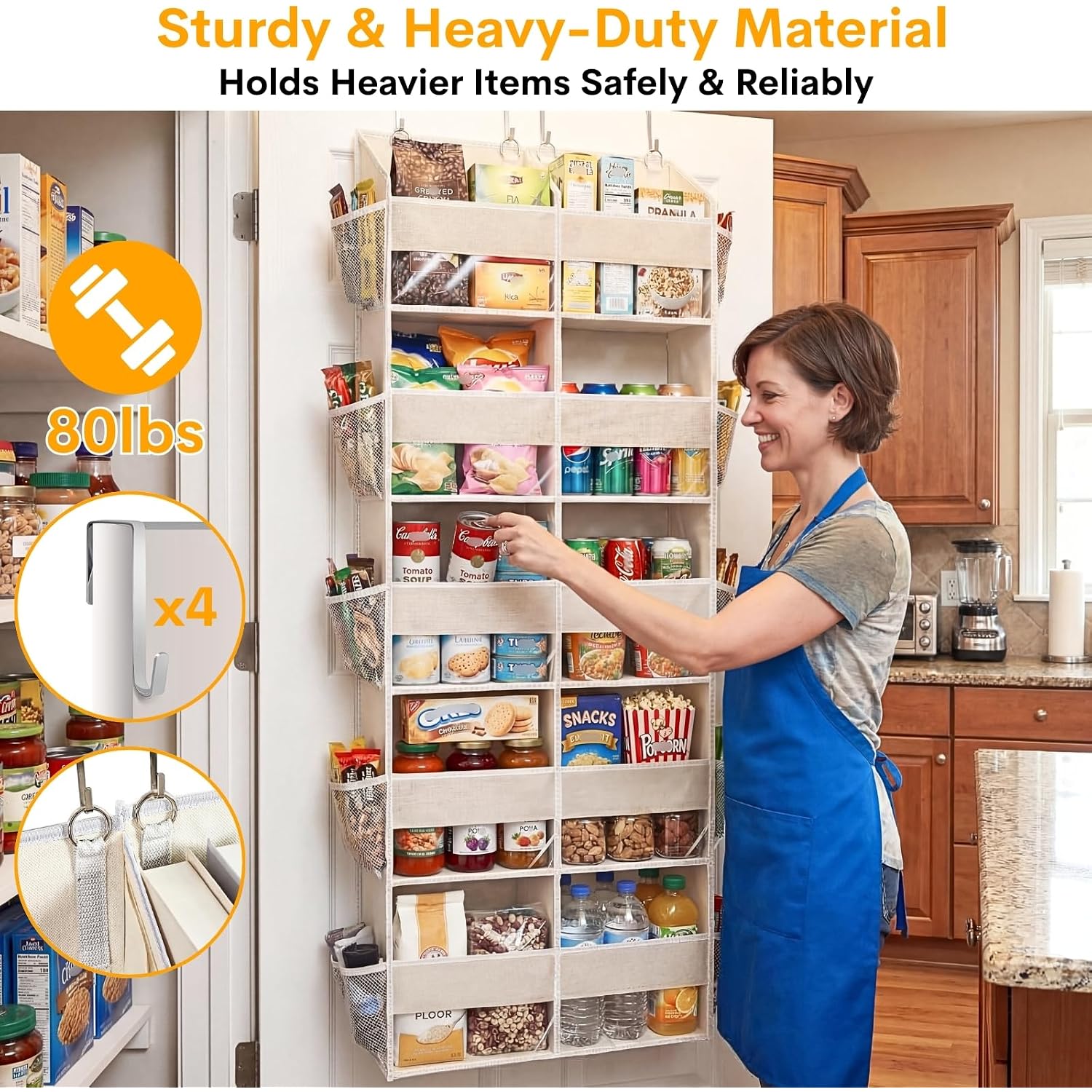 Over The Door Organizer 5 Tiers,Extra Large Behind Door Storage Of 10 Compartments,80 Lbs Weight Capacity Over The Door Storage, Door Hanging Organizer For Closet, Diaper Organizer, Beige