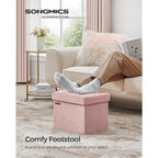 Songmics Small Folding Storage Ottoman, Jelly Pink | Foot Rest Stool, 12.2 X 16.1 Inches, 286 Lb Capacity, Bedroom, Dorm, Ulsf200R01