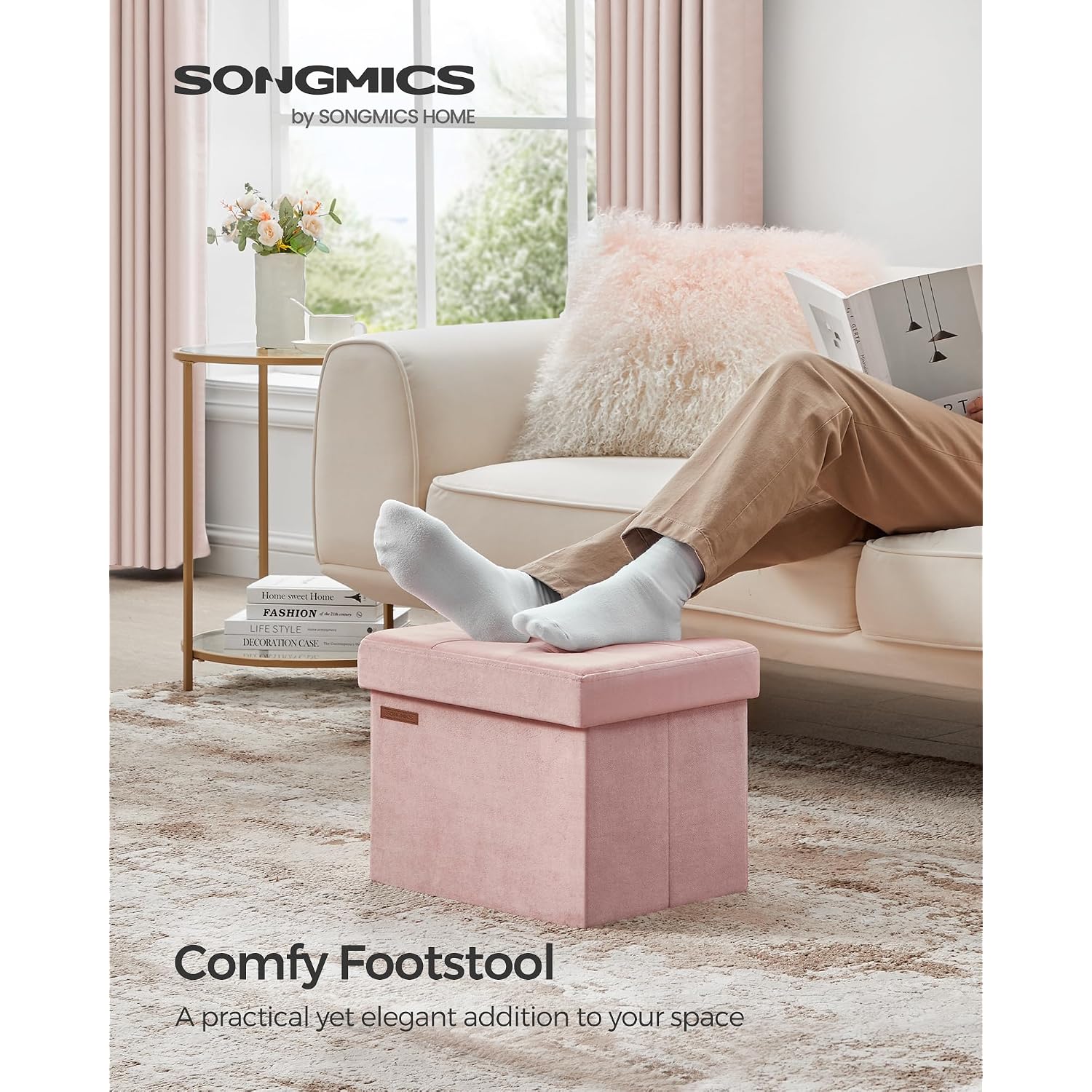 Songmics Small Folding Storage Ottoman, Jelly Pink | Foot Rest Stool, 12.2 X 16.1 Inches, 286 Lb Capacity, Bedroom, Dorm, Ulsf200R01