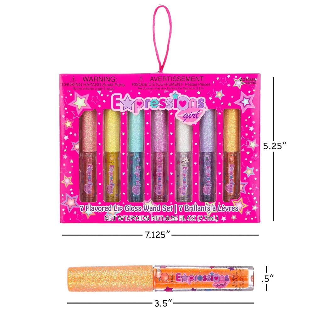 Expressions girl 7pc Fruity Flavored Lip Gloss Set – Assorted Fruit Flavor Lip Glosses | Non-Toxic Kids Makeup | Fun Shiny Lip Gloss Collection for Kids, Teens & Girls – Sweet & Glossy Lip Care