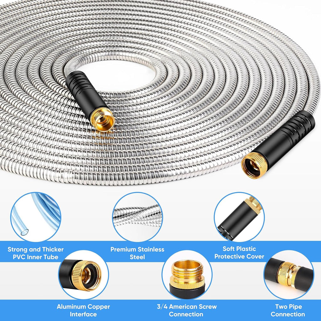 Garden Hose 50 Ft, Metal Stainless Steel Water Hose With 10 Function Nozzles, No Kinks, Flexible Hose, Lightweight, Puncture Proof, Heavy Duty Hose For Yard And Outdoor
