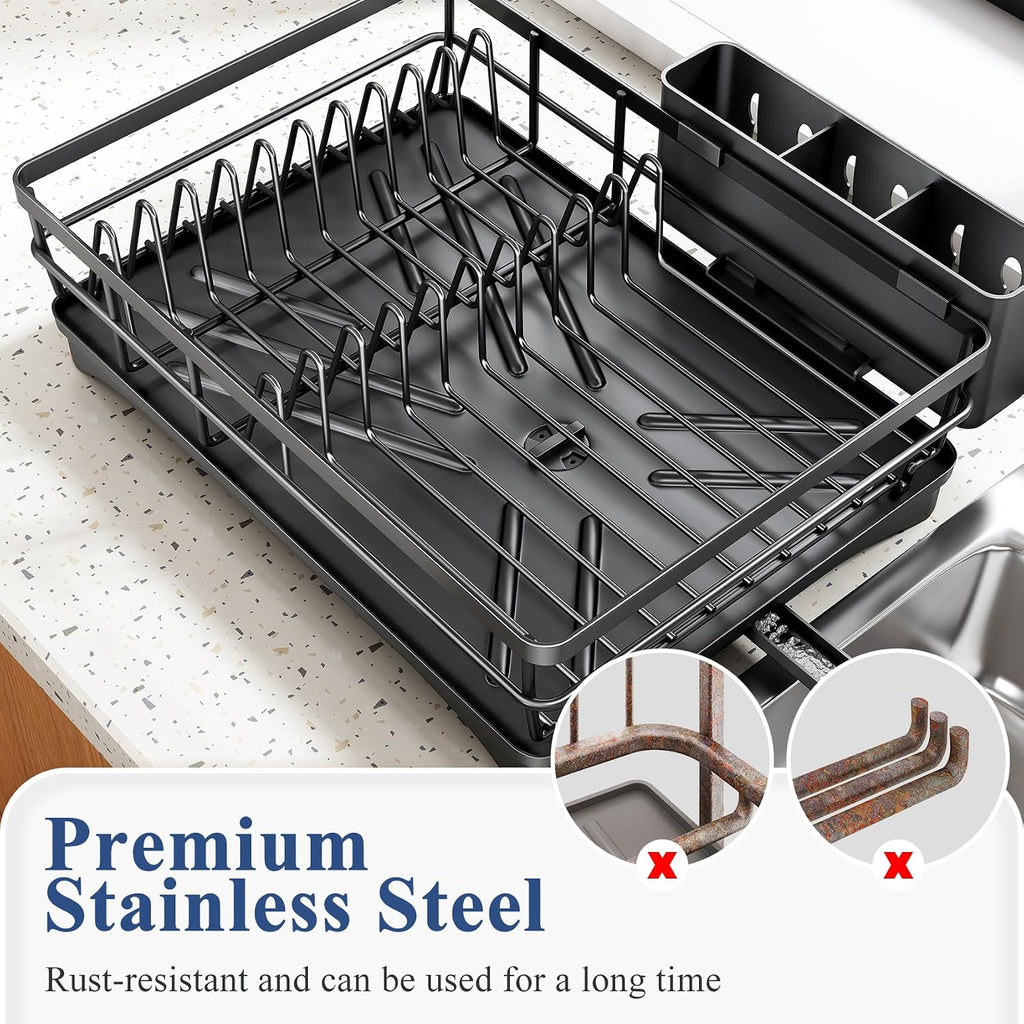 Sntd Dish Drying Rack For Kitchen Counter - Large Dish Rack With Drainboard, Rustproof Dish Drainer With Utensil Holder For Sink, Black