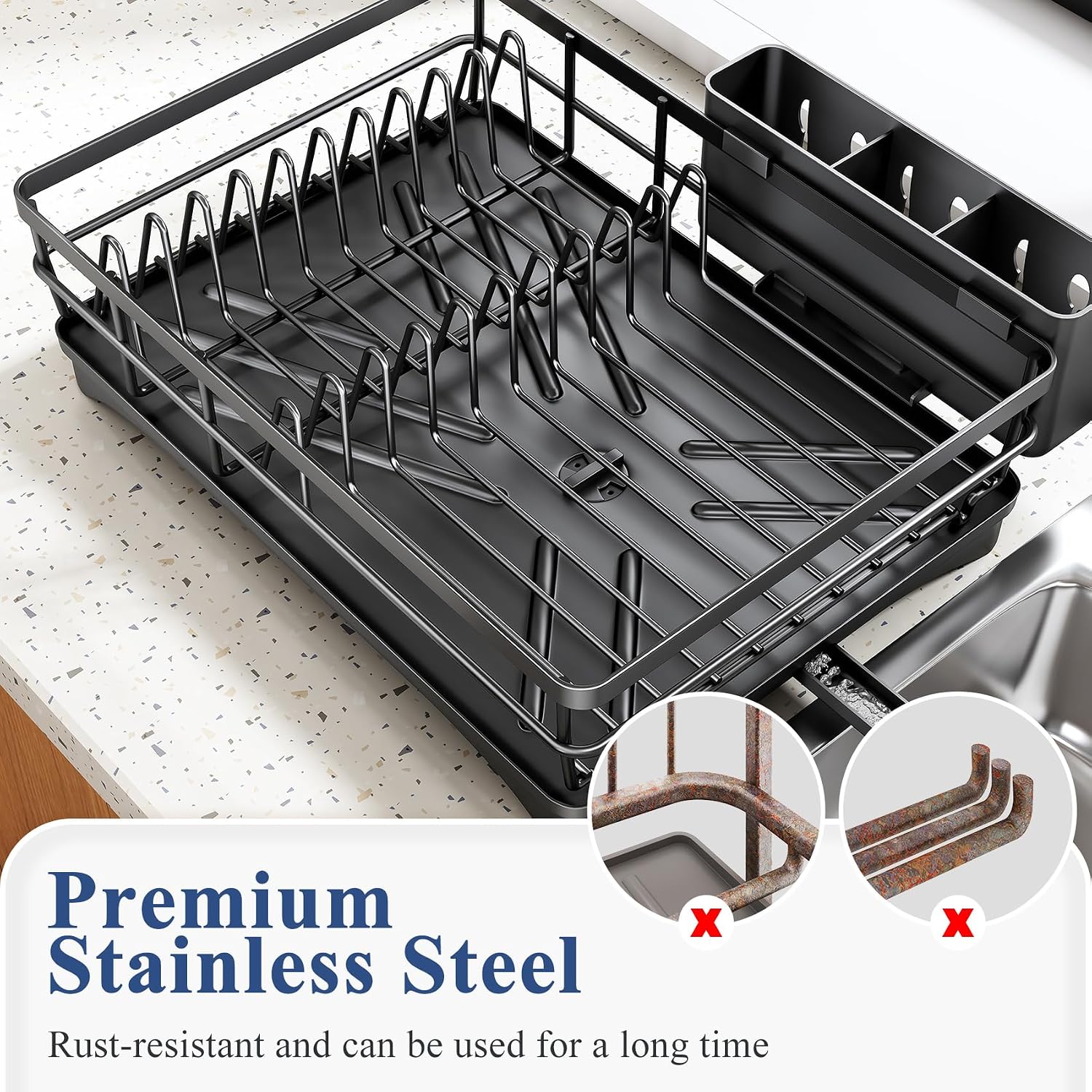 Sntd Dish Drying Rack For Kitchen Counter - Large Dish Rack With Drainboard, Rustproof Dish Drainer With Utensil Holder For Sink, Black