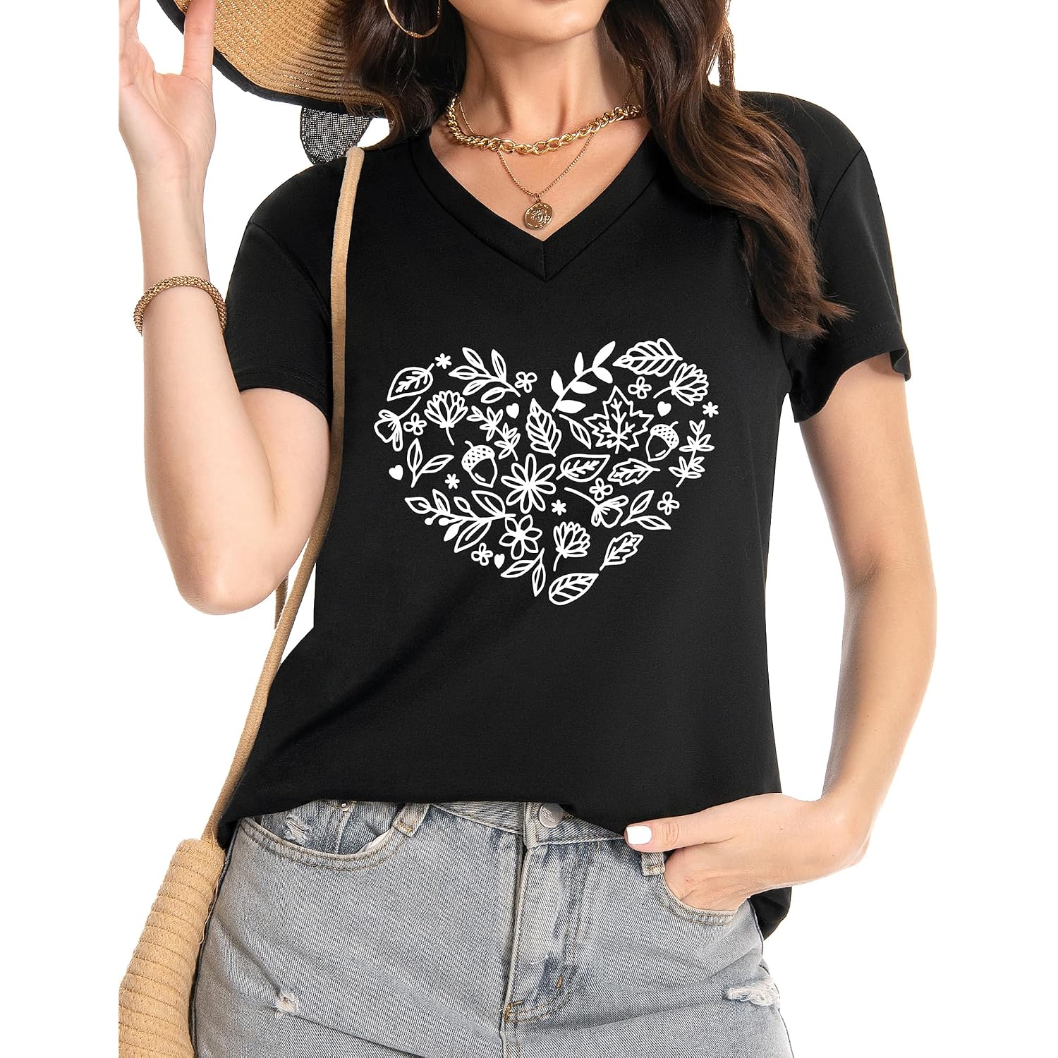 JILUVIN Womens T Shirt Graphic Tees Summer V Neck Short Sleeve Basic Tunic Top 2026 Z-black Heart Pattern