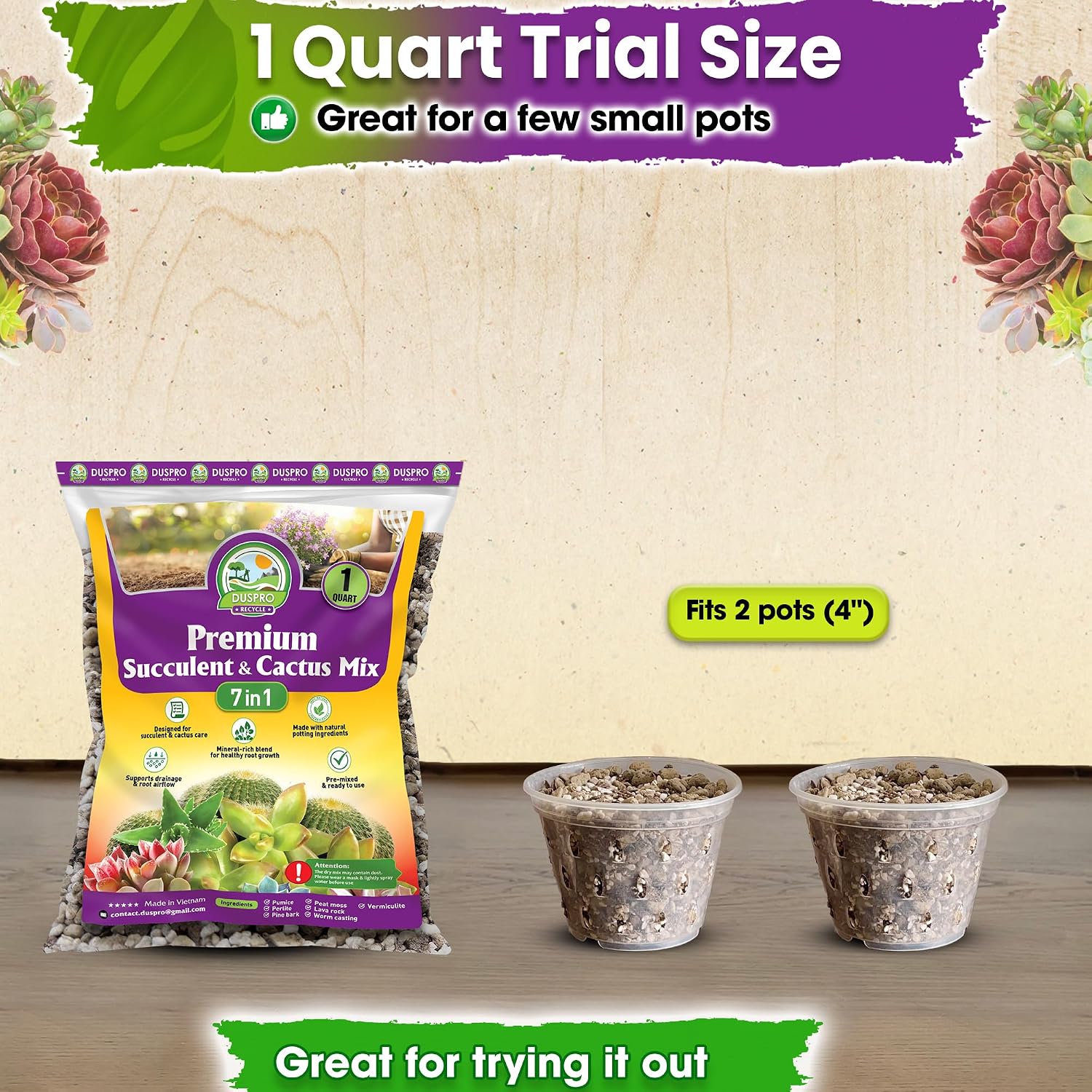 Succulents Soil Potting Mix – 7 In 1 Ingredients Well-Draining, Nutrient-Rich Cactus Potting Soil For Succulents And Cacti, Indoor & Outdoor Use, Ready To Use, Supports Healthy Root Growth, 1Qt