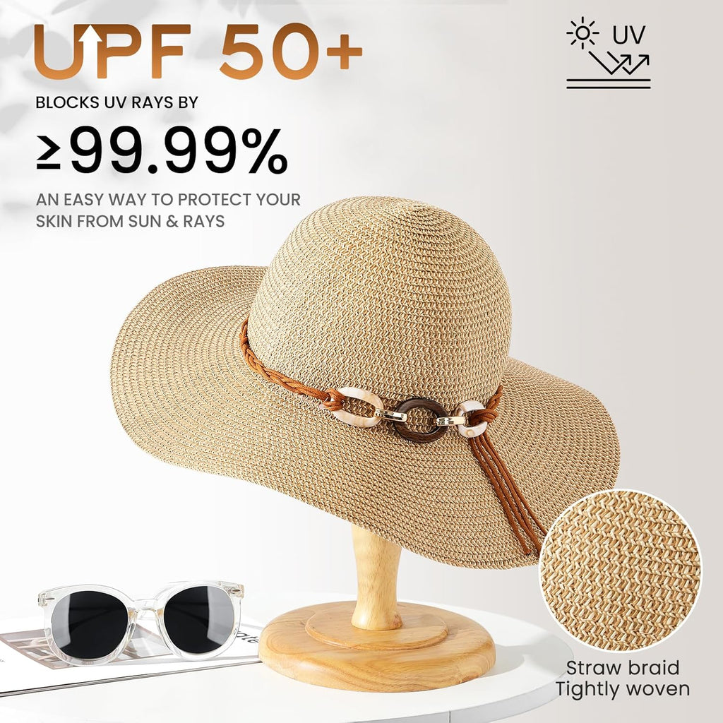 Beach Hats for Women - Sun Hat Womens, Wide Brim Straw Womens Sun Hat with Wind Lanyard Roll Up Foldable UV Protection