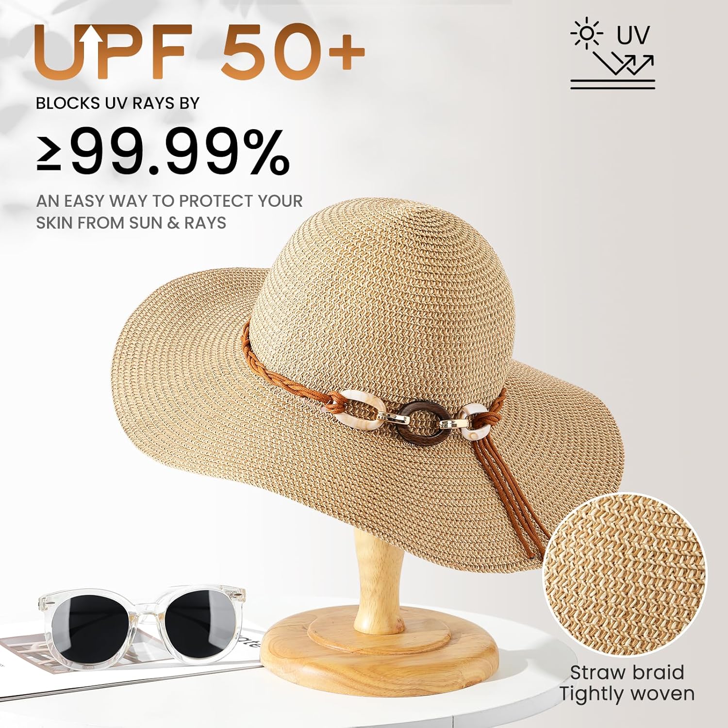Beach Hats for Women - Sun Hat Womens, Wide Brim Straw Womens Sun Hat with Wind Lanyard Roll Up Foldable UV Protection