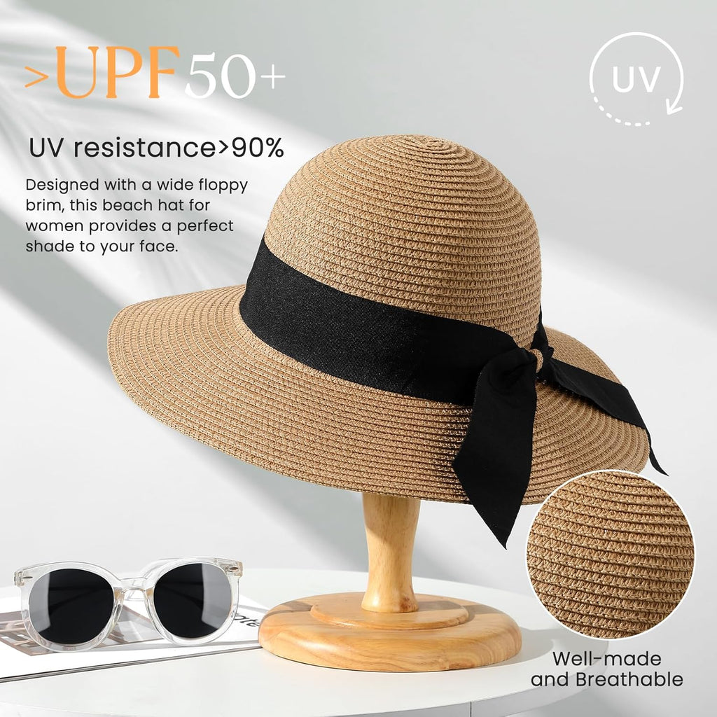 Beach Sun Straw Hats for Women, UPF 50+ UV Sun Protection Wide Brim Summer Straw Hat Foldable Packable Roll up Cap
