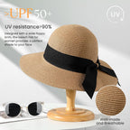 Beach Sun Straw Hats for Women, UPF 50+ UV Sun Protection Wide Brim Summer Straw Hat Foldable Packable Roll up Cap