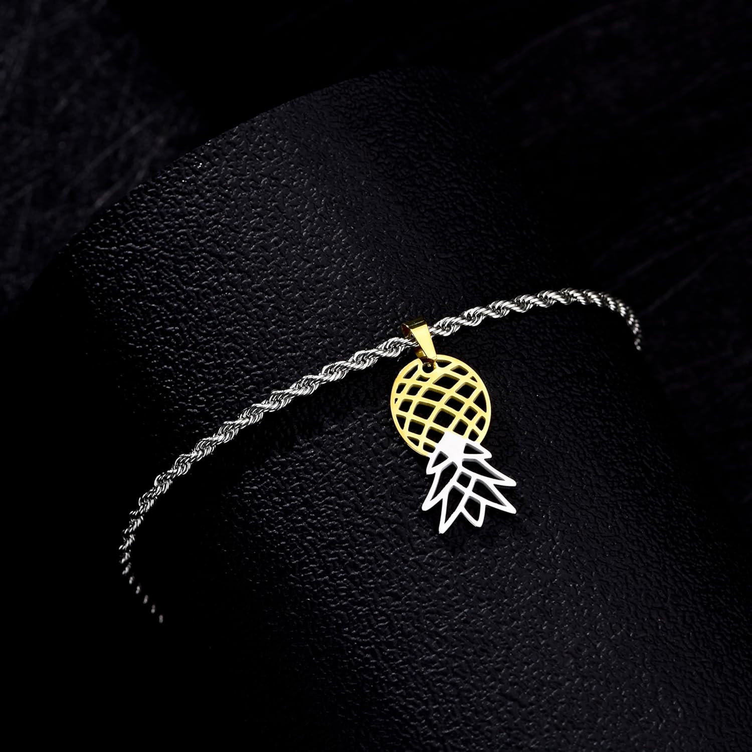 Upside Down Pineapple Anklet - Gold, Silver, or Combo Colored Stainless Steel Upside Down Pineapple Pendant Ankle Bracelet with Rope Chain