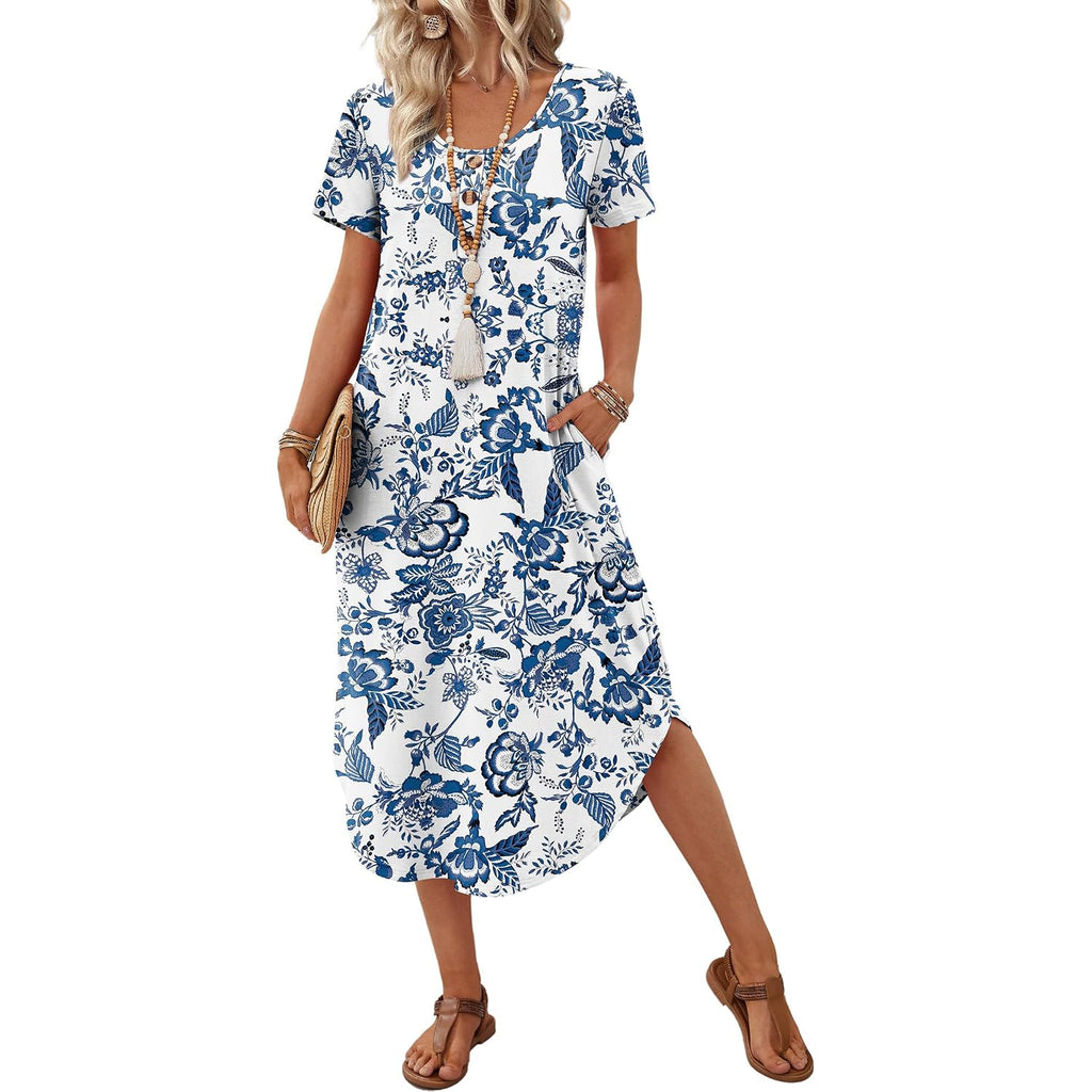Ofeefan Summer Dresses For Women 2026 Casual Midi Dresses Beach Vacation Outfits Tshirt Dress With Pockets Resort Wear