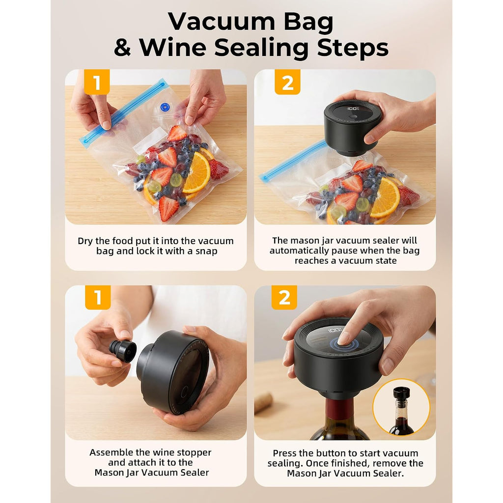 Electric Mason Jar Vacuum Sealer Kit With Auto-Stop, 1200Mah Cordless Jar Vacuum Sealer For Wide & Regular Mouth Mason Jars, Portable Automatic Vacuum Sealer With 10 Lids & 2 Vacuum Bags