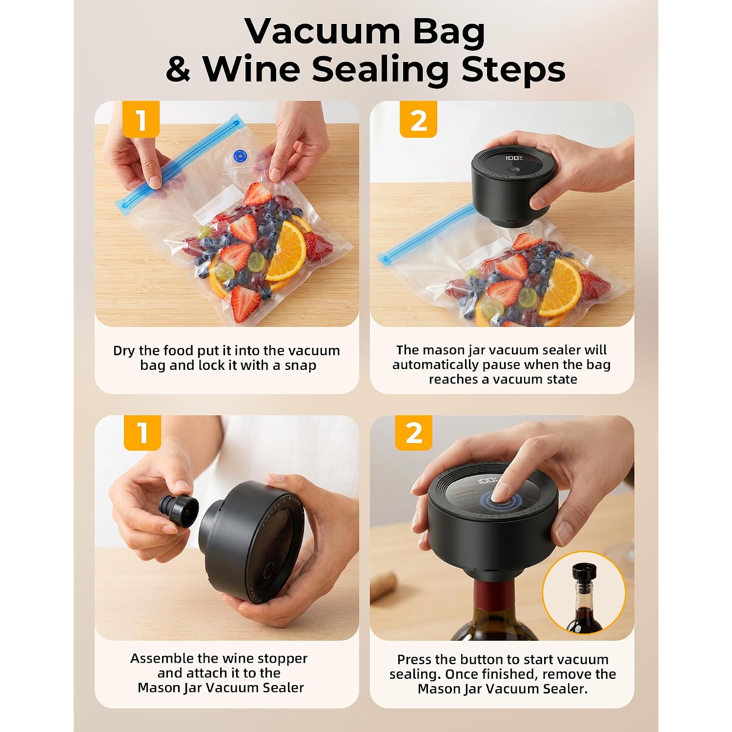 Electric Mason Jar Vacuum Sealer Kit With Auto-Stop, 1200Mah Cordless Jar Vacuum Sealer For Wide & Regular Mouth Mason Jars, Portable Automatic Vacuum Sealer With 10 Lids & 2 Vacuum Bags