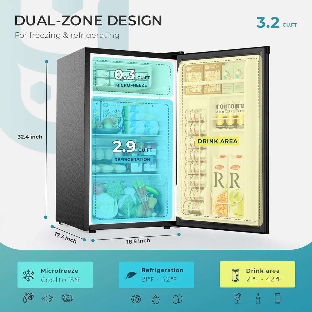 Euhomy 3.2 Cu.Ft Mini Fridge With Freezer, Single Door Compact Refrigerator, Adjustable Thermostat, Mini Refrigerator Energy Saving, Mini Fridge For Bedroom, Dorm, Office, Black
