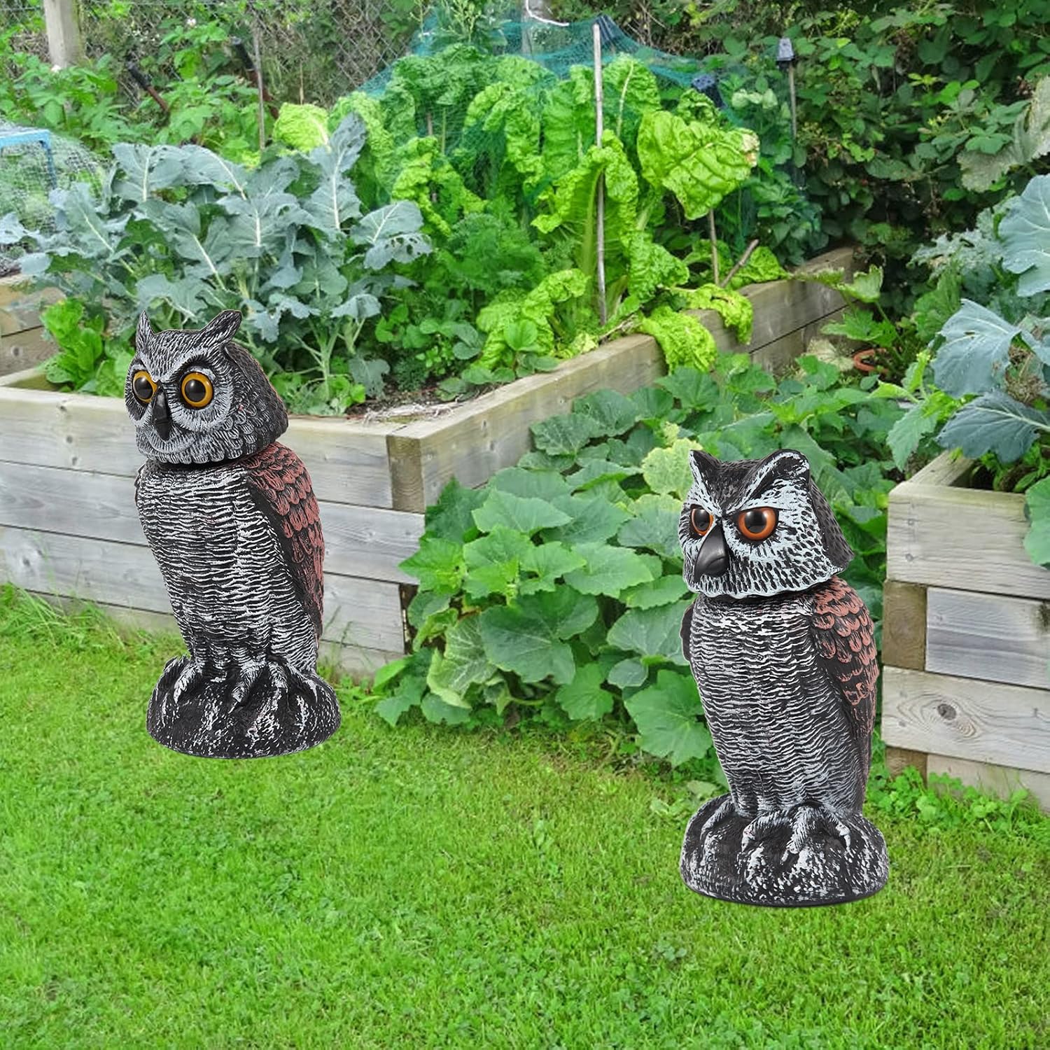 Hedoc 2 Pack Fake Owl Decoys To Scare Birds Away, Rotating Head Bird Deterrents, Nature Enemy Scarecrow Plastic Statues, Pest Repellent For Gardens And Patios