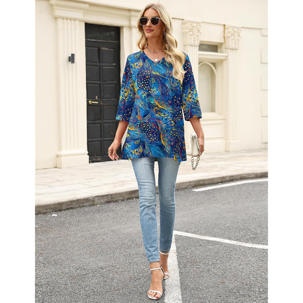 3/4 Length Sleeve Cotton Linen Womens Tops V Neck Loose Fit Dressy Casual Blouse Flowy Shirts Womens Clothing