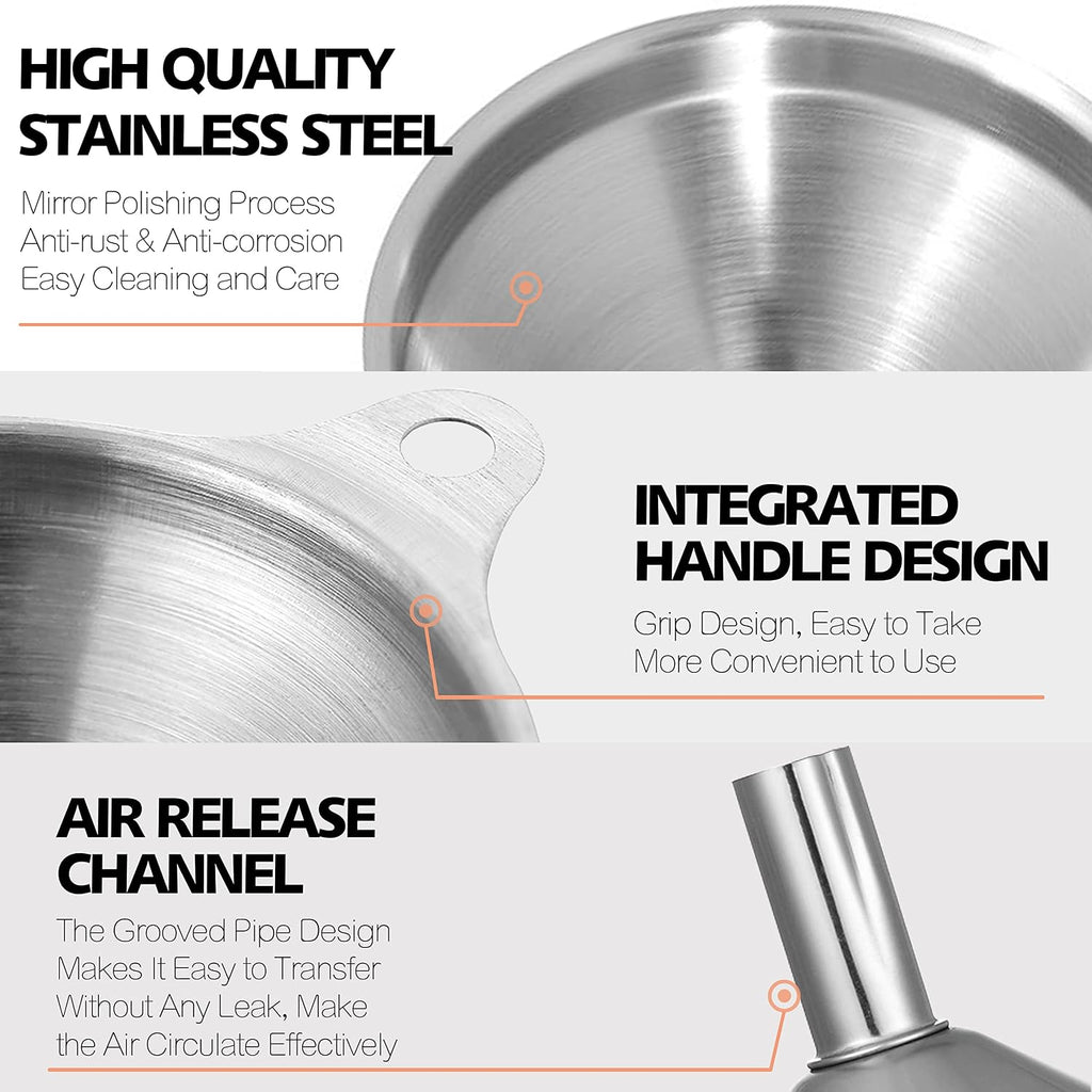 Anaeat Stainless Steel Mini Kitchen Funnel Set, 3 Pack Durable Metal Filling Funnels For Transferring Liquid, Dry Ingredients, Cosmetic Lotion, Fluid, Spices, Powder - Food-Grade & High Heat Resistant